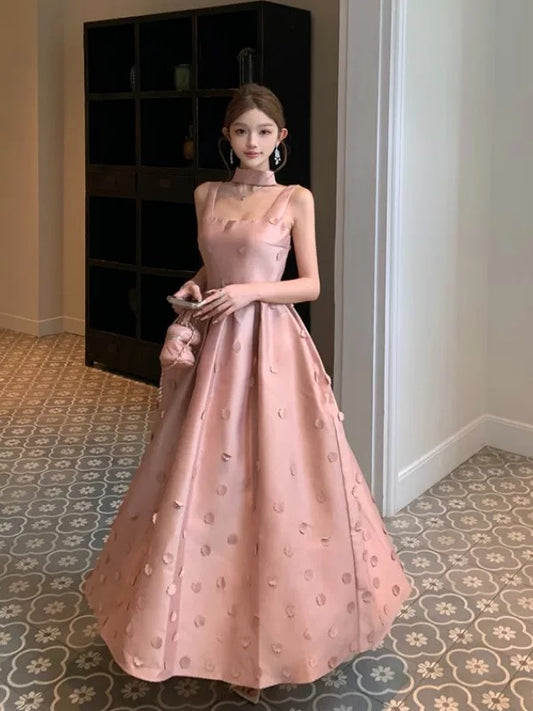 Modest A line Square Neck Pink Satin Sleeveless Date Night Outfits Formal Prom Gown 19th Birthday Dresses RB5691