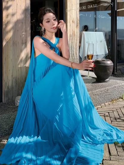 Mystical A Line Halter Blue Chiffon With Scarf Floor Length Date Night Outfits Formal Gown 18th Birthday Dresses RB5685