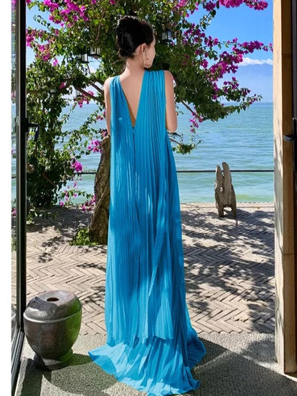 Mystical A Line Halter Blue Chiffon With Scarf Floor Length Date Night Outfits Formal Gown 18th Birthday Dresses RB5685