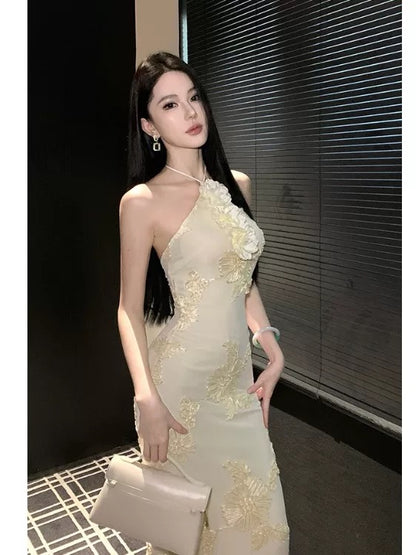Mystical Mermaid Halter Sleeveless Lace Yellow Floor Length Date Night Outfits Formal Prom Gown 17th Birthday Dresses RB5686