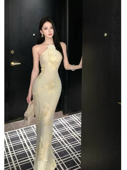 Mystical Mermaid Halter Sleeveless Lace Yellow Floor Length Date Night Outfits Formal Prom Gown 17th Birthday Dresses RB5686