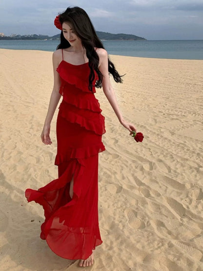 Mystical Mermaid Spaghetti Strap Red Chiffon Sleeveless Date Night Outfits Formal Prom Gown 19th Birthday Dresses RB5690