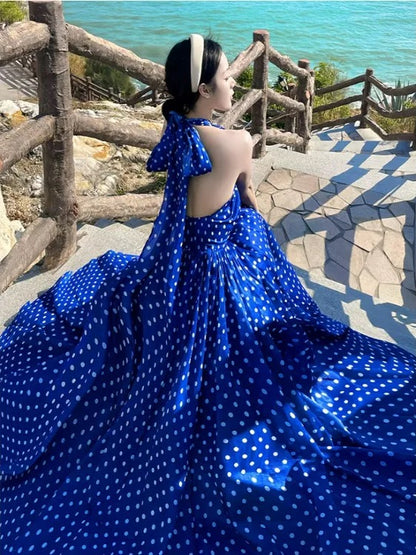 Sexy A line Halter Royal Blue Polka Dots Midi Length Date Night Birthday Outfits Formal Prom Dresses RB5694