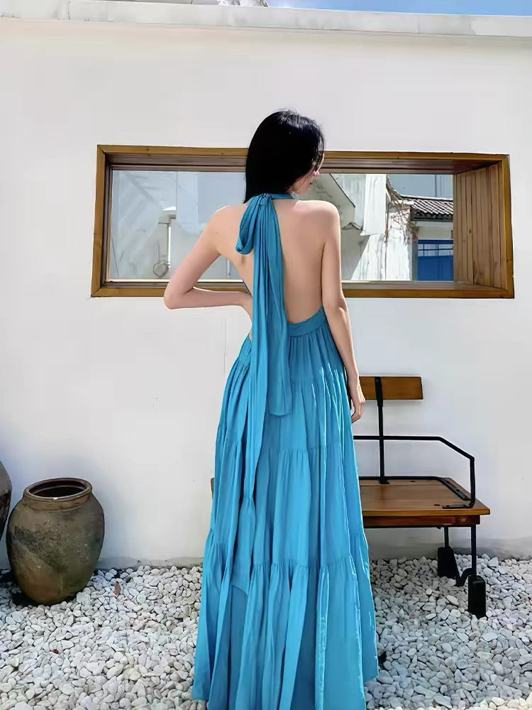 Mystical A line Halter Backless Blue Chiffon Date Night Evening Birthday Outfit Formal Prom Dresses RB5695