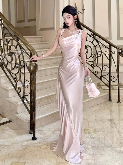 Modest Mermaid Halter Pink Satin Backless Sleeveless Date Night Outfits Formal Prom Gown 19th Birthday Dresses RB5696