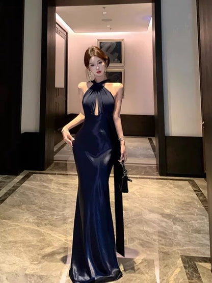 Sexy Mermaid Halter Navy Blue Satin Floor Length Date Night Birthday Outfits Formal Prom Dresses RB5696