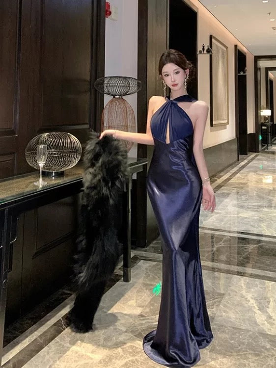 Sexy Mermaid Halter Navy Blue Satin Floor Length Date Night Birthday Outfits Formal Prom Dresses RB5696