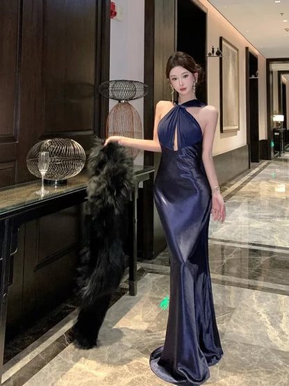 Sexy Mermaid Halter Navy Blue Satin Floor Length Date Night Birthday Outfits Formal Prom Dresses RB5696