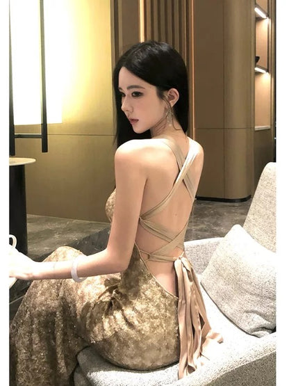 Sexy Mermaid Halter Gold Sequin Ankle Length Date Night 18th Birthday Outfits Formal Prom Dresses RB5697
