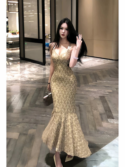 Sexy Mermaid Halter Gold Sequin Ankle Length Date Night 18th Birthday Outfits Formal Prom Dresses RB5697
