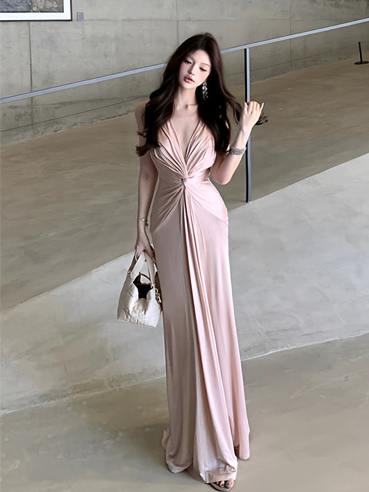Sexy Mermaid V Neck Pink With Ruffled Date Night Outfits Semi Formal Prom Wedding Guest Dresses RB5364