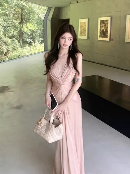Sexy Mermaid V Neck Pink With Ruffled Date Night Outfits Semi Formal Prom Wedding Guest Dresses RB5364