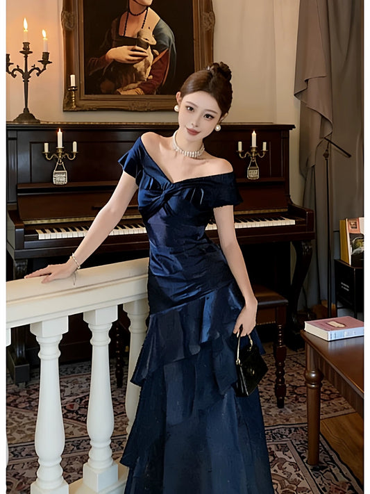 Sexy Mermaid Off The Shoulder Navy Blue With Ruffled Date Night Outfits Semi Formal Evening Wedding Guest Dresses RB5365