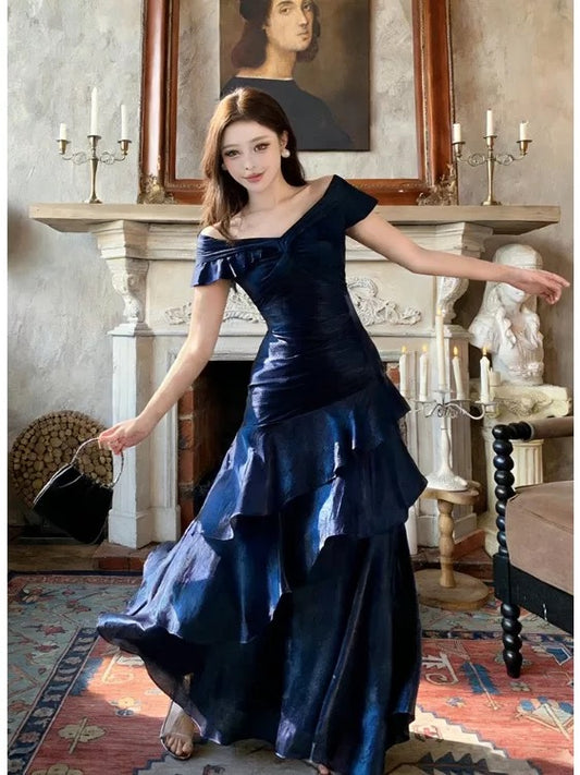 Sexy Mermaid Off The Shoulder Navy Blue With Ruffled Date Night Outfits Semi Formal Evening Wedding Guest Dresses RB5365