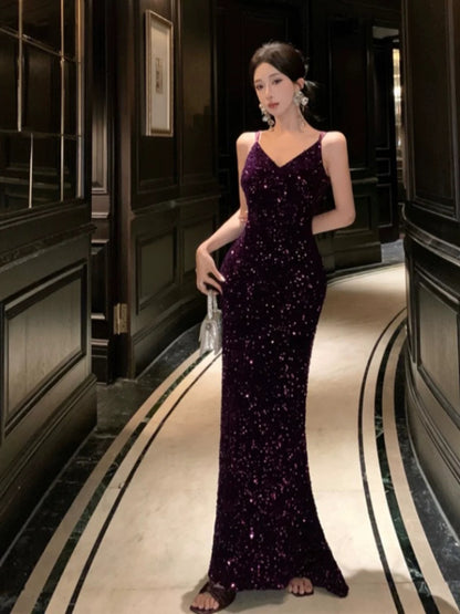 Sexy Mermaid Spaghetti Strap Grape Sequin Date Backless Night Evening Outfit Formal Prom Dresses RB5367