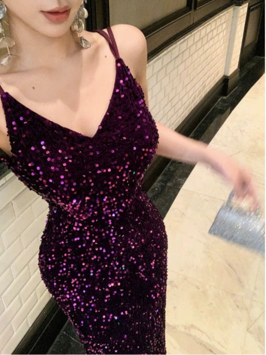 Sexy Mermaid Spaghetti Strap Grape Sequin Date Backless Night Evening Outfit Formal Prom Dresses RB5367