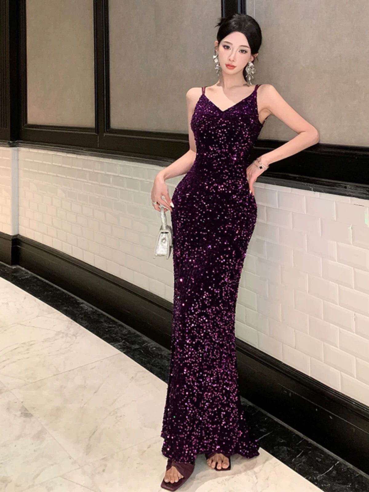 Sexy Mermaid Spaghetti Strap Grape Sequin Date Backless Night Evening Outfit Formal Prom Dresses RB5367