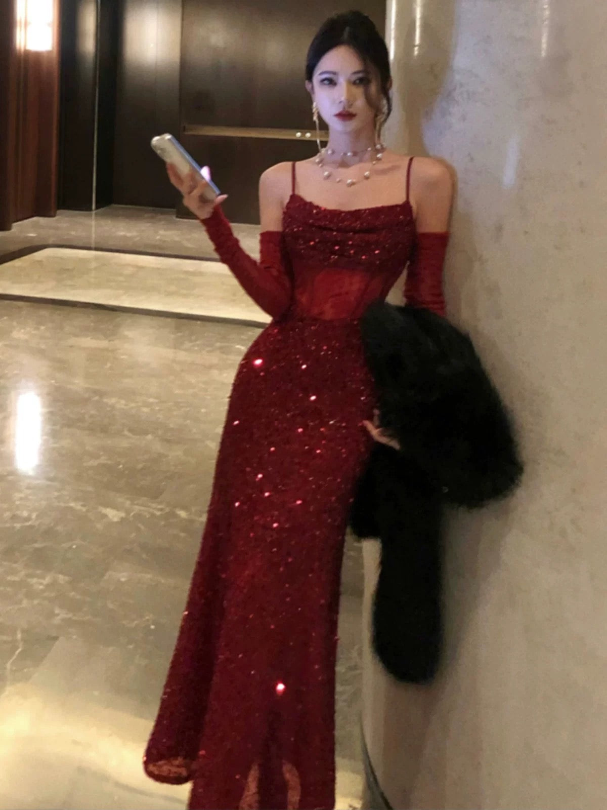 Sexy Mermaid Spaghetti Strap Red Sequin Date With Gloves Night Evening Outfit Formal Prom Dresses RB5368