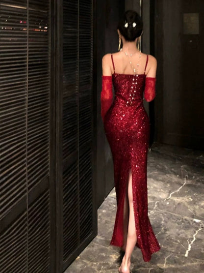 Sexy Mermaid Spaghetti Strap Red Sequin Date With Gloves Night Evening Outfit Formal Prom Dresses RB5368