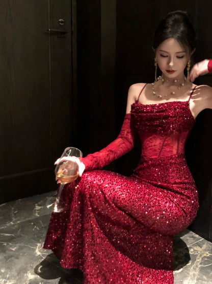 Sexy Mermaid Spaghetti Strap Red Sequin Date With Gloves Night Evening Outfit Formal Prom Dresses RB5368