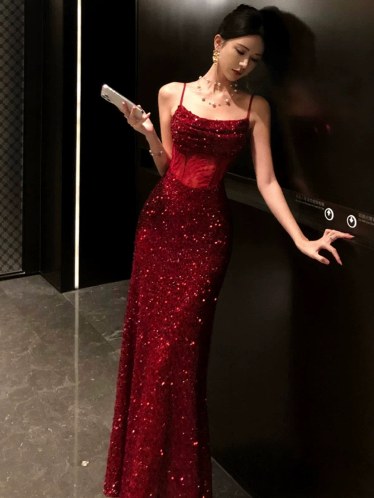 Sexy Mermaid Spaghetti Strap Red Sequin Date With Gloves Night Evening Outfit Formal Prom Dresses RB5368