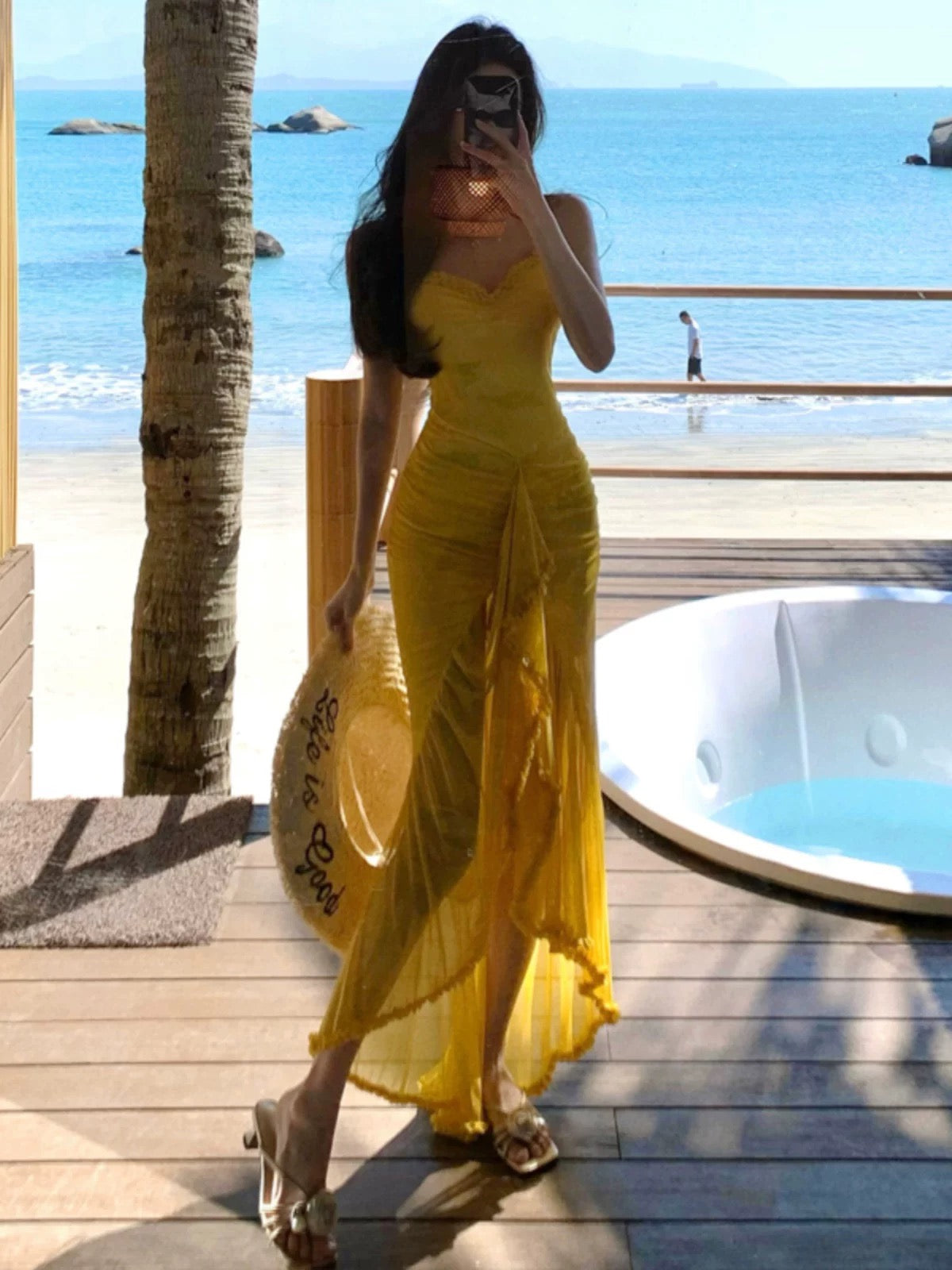 Sexy Mermaid Spaghetti Strap Yellow Chiffon Date With Ruffled Night Evening Outfit Formal Prom Dresses RB5369