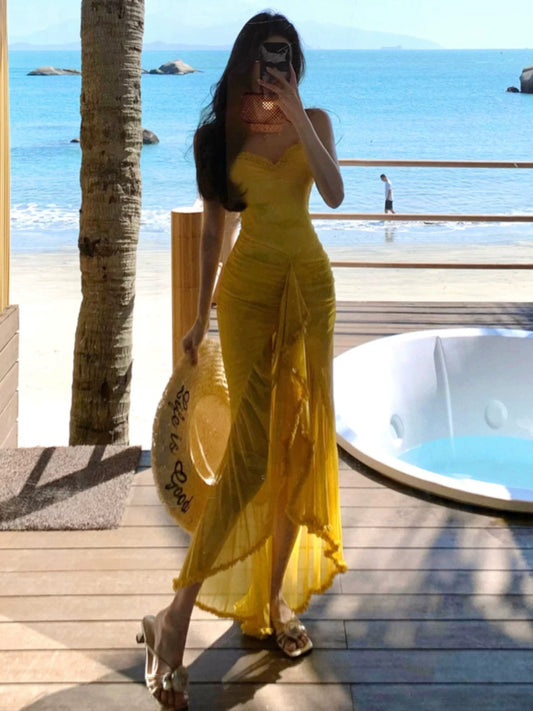 Sexy Mermaid Spaghetti Strap Yellow Chiffon Date With Ruffled Night Evening Outfit Formal Prom Dresses RB5369