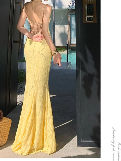 Sexy Mermaid Spaghetti Strap Yellow Backless Lace Date With Ruffled Night Evening Outfit Formal Prom Dresses RB5370