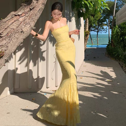 Sexy Mermaid Spaghetti Strap Yellow Backless Lace Date With Ruffled Night Evening Outfit Formal Prom Dresses RB5370
