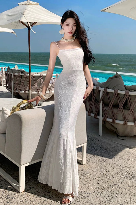 Sexy Mermaid Spaghetti Strap White Backless Lace Date With Ruffled Night Evening Outfit Formal Prom Dresses RB5371