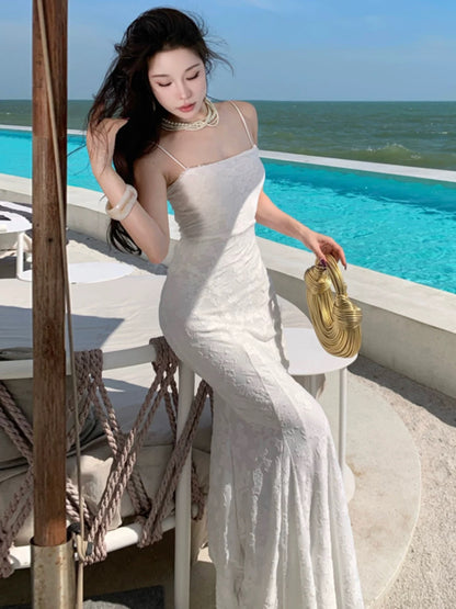 Sexy Mermaid Spaghetti Strap White Backless Lace Date With Ruffled Night Evening Outfit Formal Prom Dresses RB5371