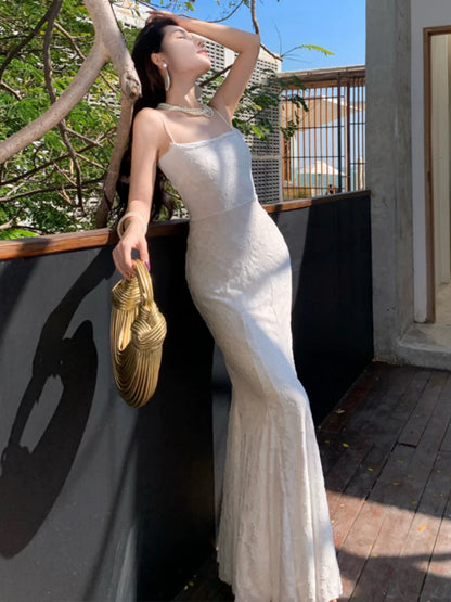 Sexy Mermaid Spaghetti Strap White Backless Lace Date With Ruffled Night Evening Outfit Formal Prom Dresses RB5371