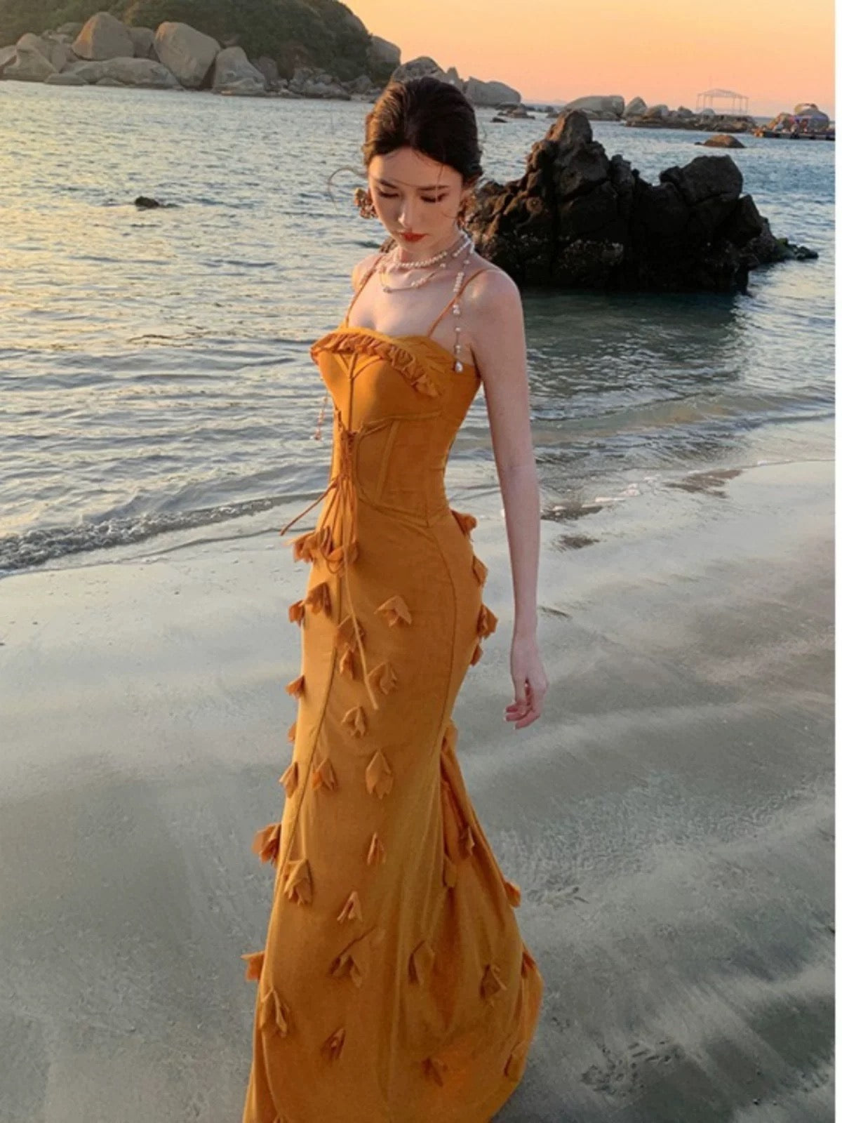 Sexy Mermaid Spaghetti Strap Yellow Chiffon Date With Ruffled Night Evening Outfit Formal Prom Dresses RB5372
