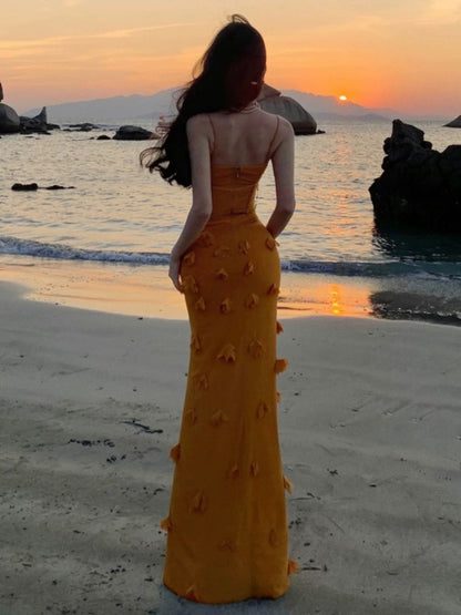 Sexy Mermaid Spaghetti Strap Yellow Chiffon Date With Ruffled Night Evening Outfit Formal Prom Dresses RB5372