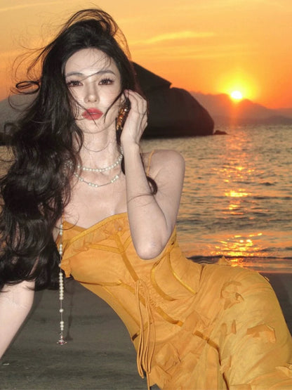 Sexy Mermaid Spaghetti Strap Yellow Chiffon Date With Ruffled Night Evening Outfit Formal Prom Dresses RB5372