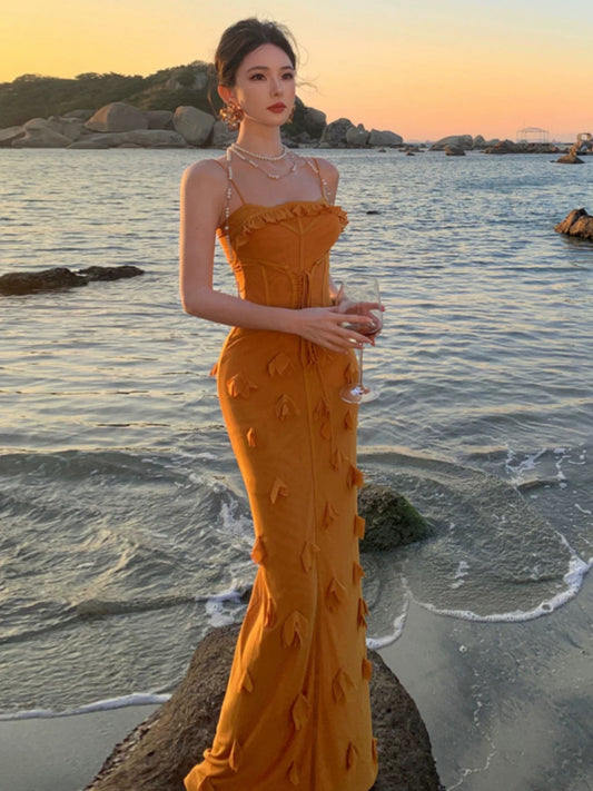 Sexy Mermaid Spaghetti Strap Yellow Chiffon Date With Ruffled Night Evening Outfit Formal Prom Dresses RB5372