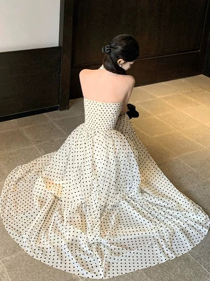 French Style A line Halter Black Polka Dots Chiffon Date With Ruffled Night Evening Outfit Formal Prom Dresses RB5373