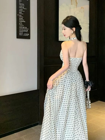 French Style A line Halter Black Polka Dots Chiffon Date With Ruffled Night Evening Outfit Formal Prom Dresses RB5373