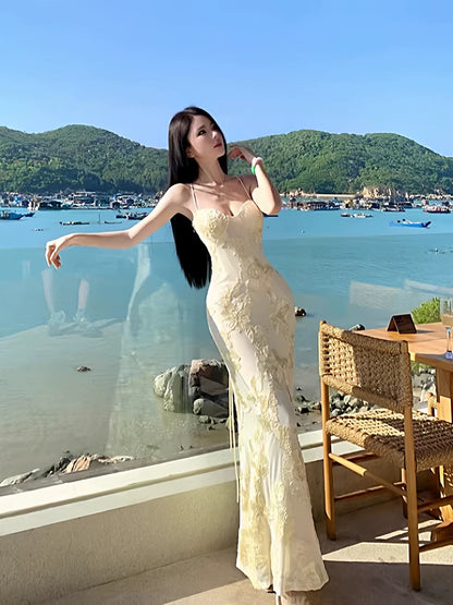 Sexy Mermaid Spaghetti Strap Lace Backless Long Date Night Outfits Semi Formal Prom Gown Evening Dresses RB5374