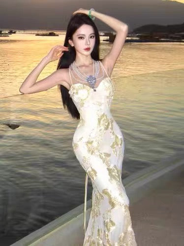 Sexy Mermaid Spaghetti Strap Lace Backless Long Date Night Outfits Semi Formal Prom Gown Evening Dresses RB5374
