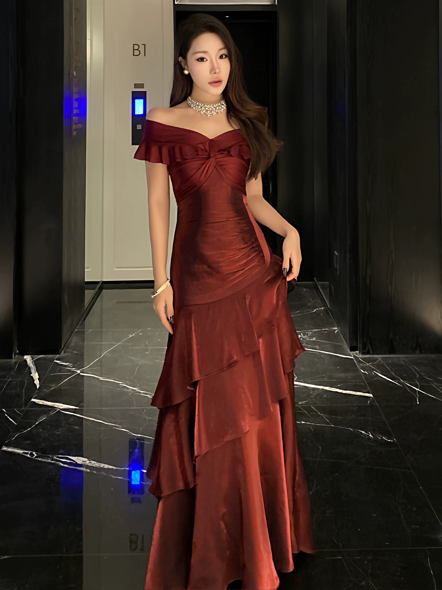 French Style Mermaid Off The Shoulder Burgundy Date With Ruffled Night Evening Outfit Formal Prom Dresses RB5376