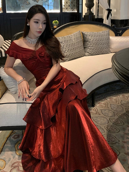 French Style Mermaid Off The Shoulder Burgundy Date With Ruffled Night Evening Outfit Formal Prom Dresses RB5376