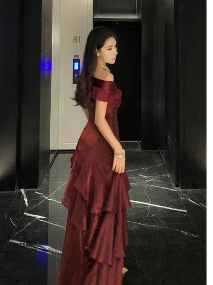 French Style Mermaid Off The Shoulder Burgundy Date With Ruffled Night Evening Outfit Formal Prom Dresses RB5376