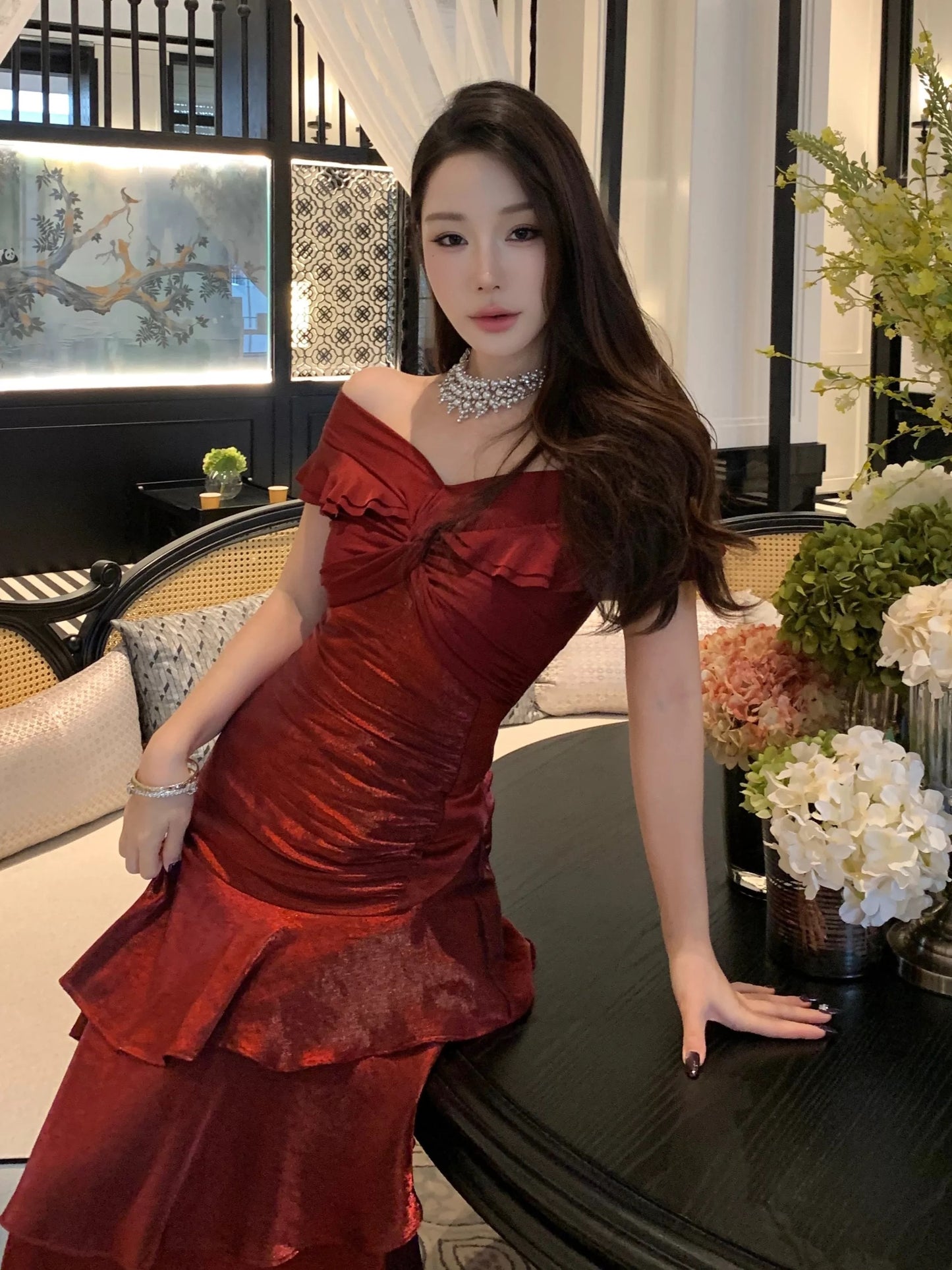 French Style Mermaid Off The Shoulder Burgundy Date With Ruffled Night Evening Outfit Formal Prom Dresses RB5376