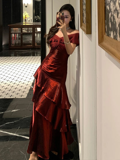 French Style Mermaid Off The Shoulder Burgundy Date With Ruffled Night Evening Outfit Formal Prom Dresses RB5376