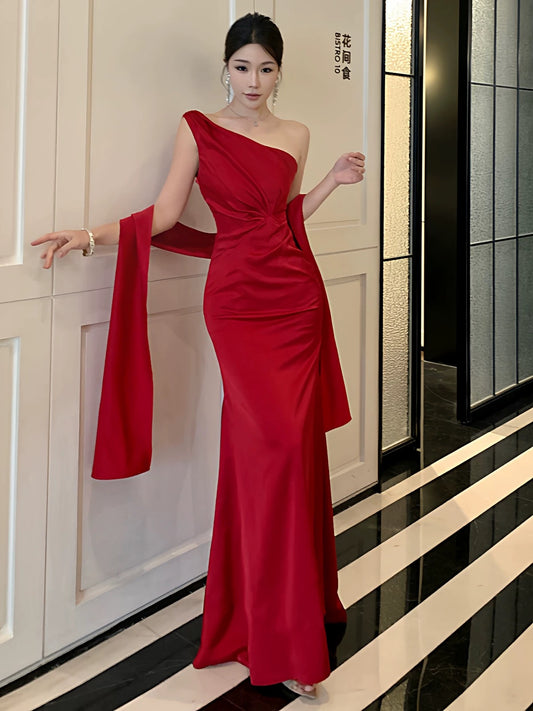 Sexy Mermaid One Shoulder Red With Ruffled Scarf Date Night Outfits Semi Formal Prom Wedding Guest Dresses RB5377
