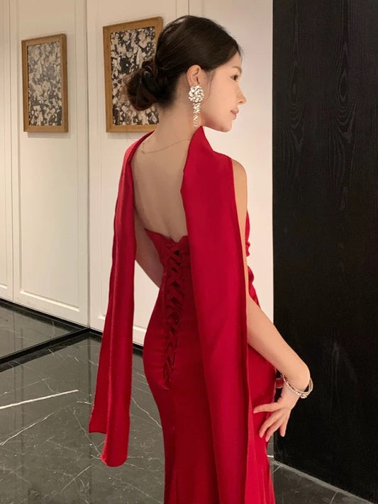 Sexy Mermaid One Shoulder Red With Ruffled Scarf Date Night Outfits Semi Formal Prom Wedding Guest Dresses RB5377