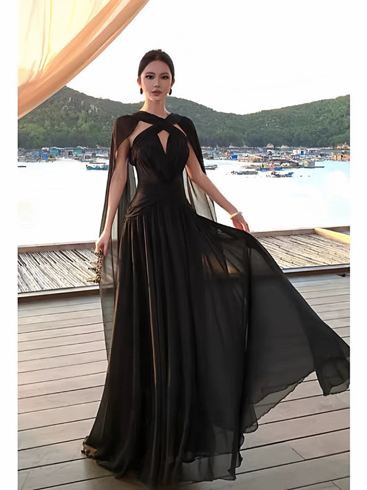 Sexy A line Black Tie Dress With Cape Long Chiffon Date Night Outfits Semi Formal Prom Wedding Guest Dresses RB5378