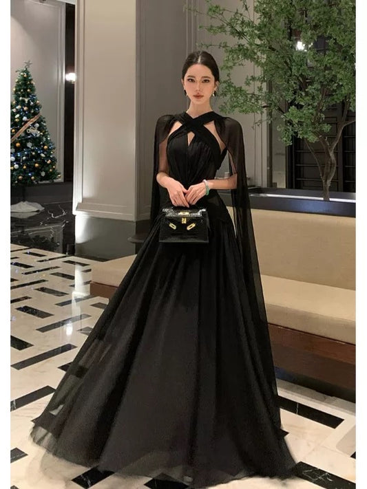 Sexy A line Black Tie Dress With Cape Long Chiffon Date Night Outfits Semi Formal Prom Wedding Guest Dresses RB5378