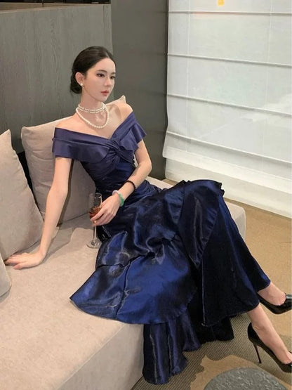 Sexy Mermaid Off The Shoulder Navy Blue With Ruffled Date Night Outfits Long Formal Evening Wedding Guest Dresses RB5379